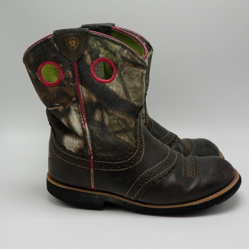 Girl Mossy Oak Pink Camo Brown Leather Western Boot 1.5